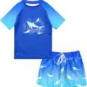 Boys Two Piece Rash Guard Swimsuits Sets Bathing Suits with Trunks 4-12 Years (B1 Blue)