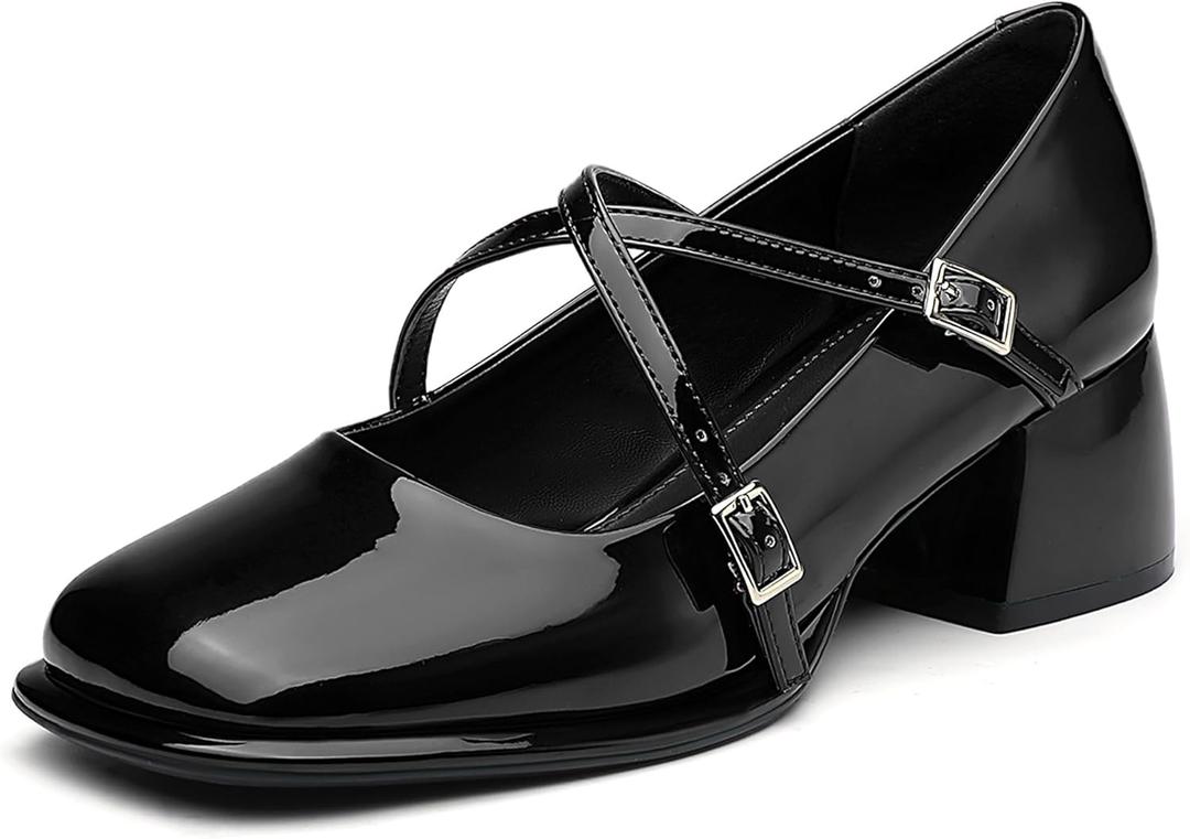 NEWBELLA Women's Retro Mary Janes - Patent Leather Chunky Heel Pumps with Cross Strap & Square Toe, Comfortable French Style Dress Shoes for Work & Daily Wear, Dark Black 10