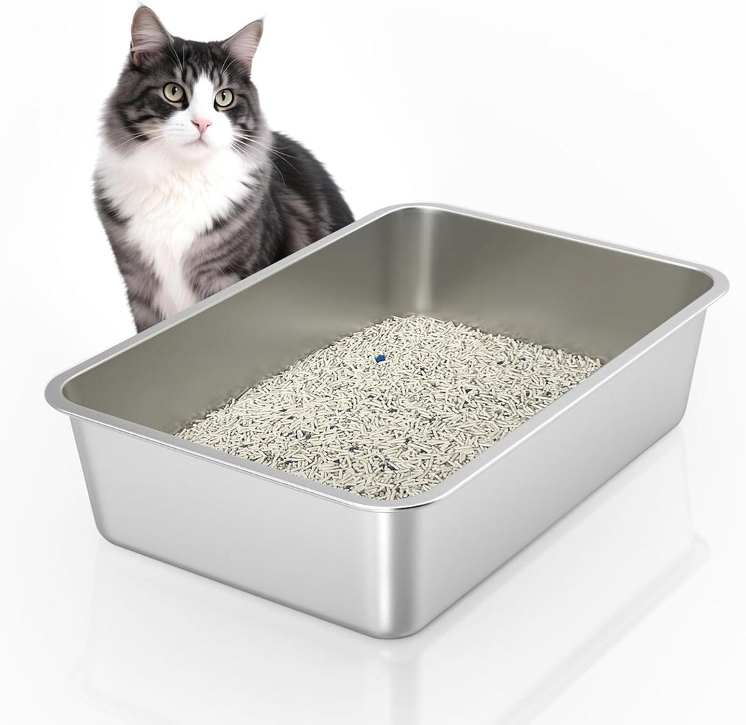 WENBOKMIN Stainless Steel Cat Litter Box, 6in Cat Litter Pan for Large Cats and Rabbits, Extra Large Metal Litter Box High Sides Odor Control Anti-Corrosion Nonstick