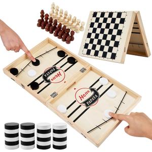 HELLO PAPAYA Foldable Fast Sling Puck Game with Chess Board and Checkers Board, Tic Tac Toe. Wooden Air Hockey Family Night,Table Games Gifts for Adults and Kids (Large)