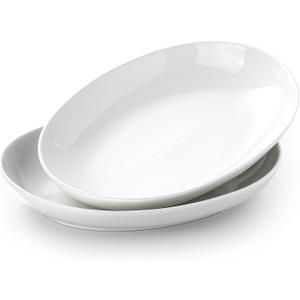 14 Inch Oval Serving Platters Set of 2, Large Deep Ceramic Serving Platter, White Porcelain Serving Trays for Entertaining, Turkey, Steak, Appetizers, Pasta, Salad