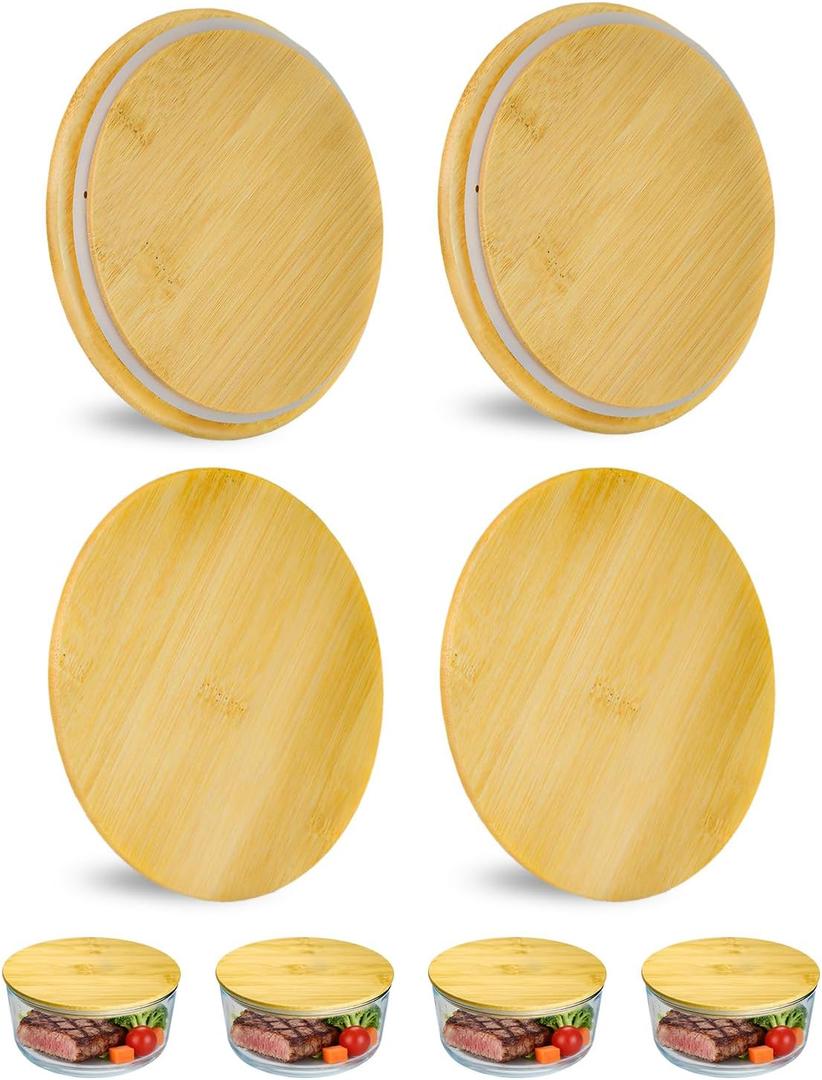 Replacement Wooden Lids for Pyrex, Anchor Hocking Glass Containers 7201-PC*4, Bamboo Lids for Pyrex 4Cup Glass Bowls, Bowl Covers with Leakproof Silicone Gasket 4 Pack