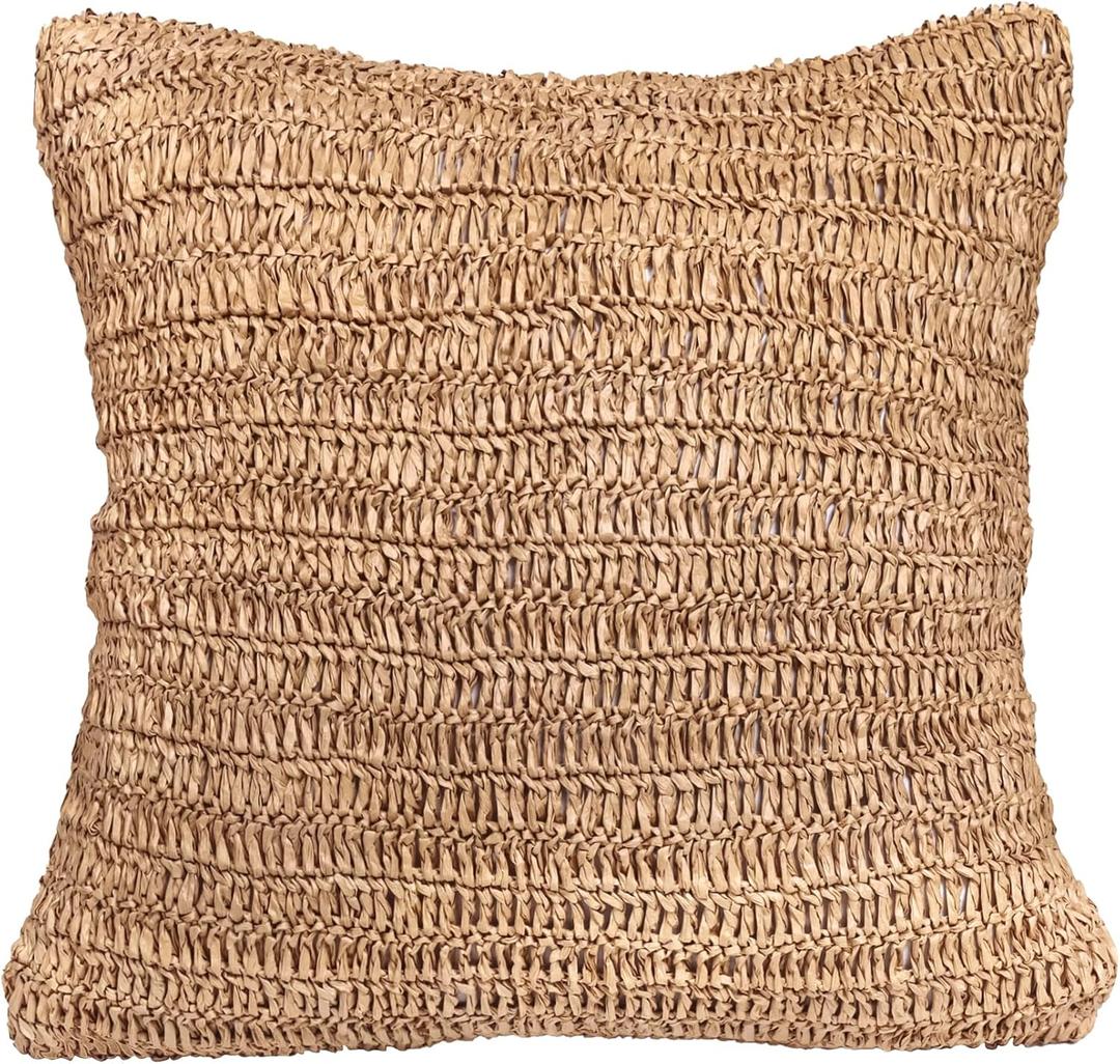 Raffia Hand Knitted Pillow Cover, 18x18  Boho Decorative Cushion Cover for Couch, Sofa or Bed, Rustic Natural Throw Pillow Case