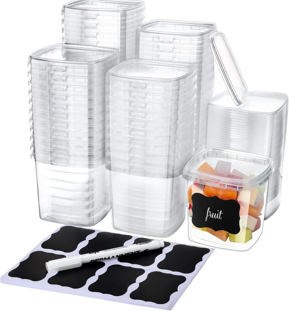 Jinei 50 Pcs 16 oz Plastic Deli Containers with Lids Clear Square Food Storage Containers Stackable Airtight Square Container with Lids with 9 Labels and Marker for Kitchen Storage Meal Take out