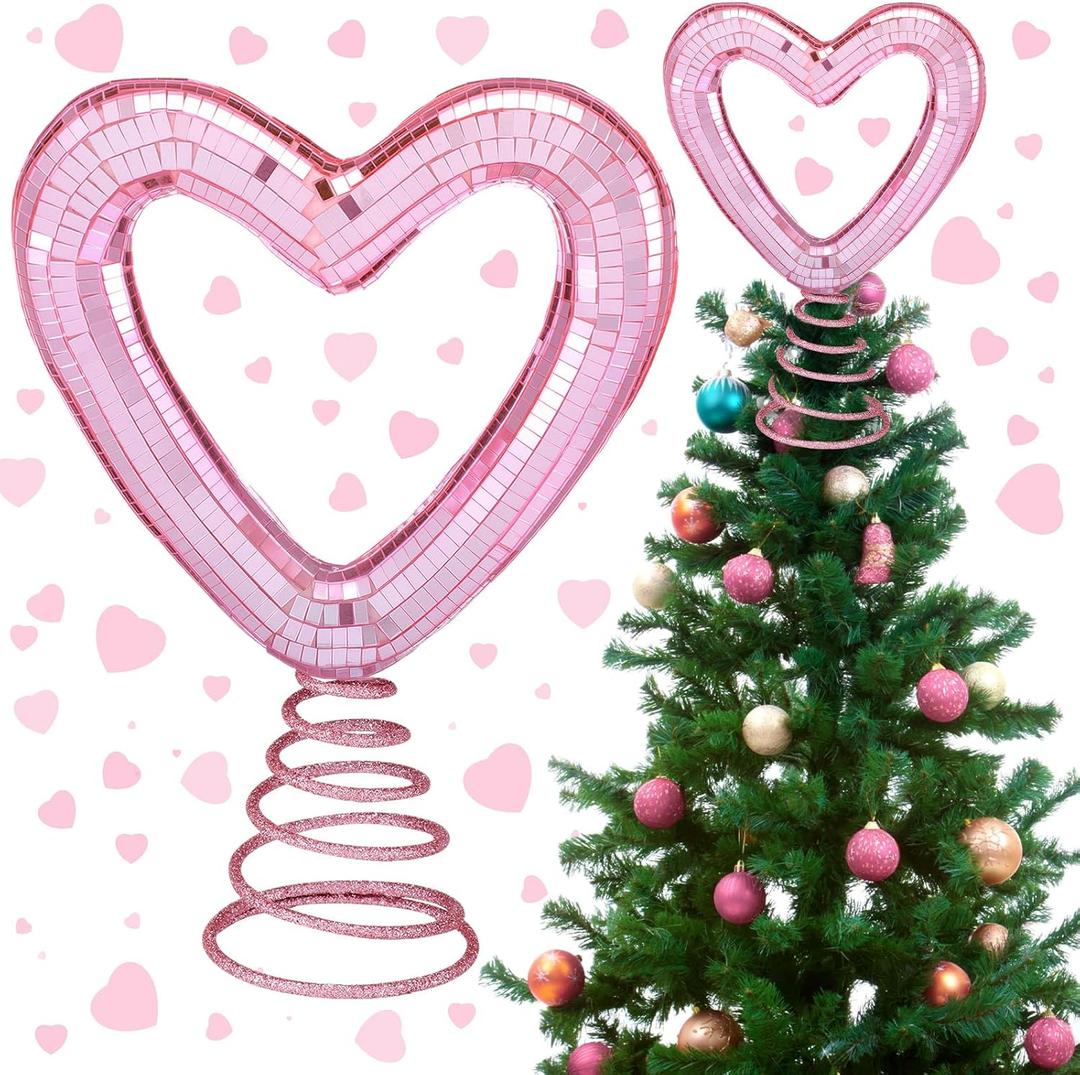 6.3" Valentine's Day Tree Topper Disco Sequin Treetop Glitter Heart Tree Topper Decoration with Spiral Base Valentine Love Ornament February Decor for Wedding Party Table Supplies (Pink)