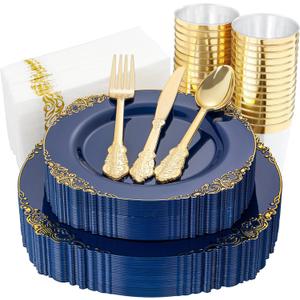 Nervure 175PCS Blue Plastic Plates - Blue Gold Plastic Dinnerware Set Disposable Include 50 Plates for Dinner and Dessert, 25Knives, 25Spoons, 25Forks, 25Cups, 25Napkins for Weddings & 4th of July (Navy)