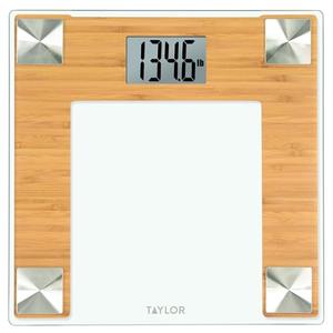 Taylor Digital Bath Scale for Body Weight, Bathroom Scale with Durable Glass Platform, 400 lb Capacity, Natural Bamboo and Spun Stainless Steel Accents