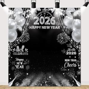MEHOFOND Black Silver 2026 Happy New Year Backdrop, NYE Party Background, New Year Photo Booth Backdrop with Balloons Fireworks Glitter, New Years Photography Decoration