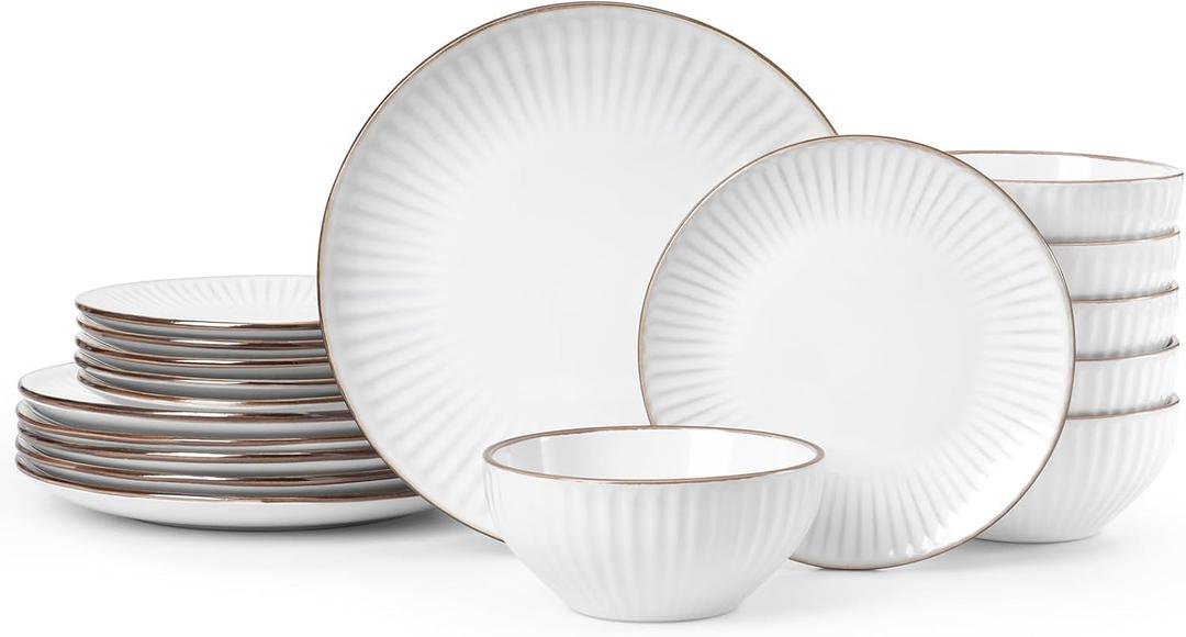 Famiware Eden Plates and Bowls Sets, Stoneware Dinnerware Sets with Gold Trim, 18 Pieces Dishes Set for 6 - Chip and Scratch Resistant, Microwave and Dishwasher Safe, White Stripe