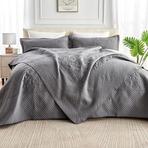 Oversized King Quilt 128x120, California King Bedspread with 2 Pillow Shams, Ultrasonic Quilting Floral Pattern Soft Microfiber Lightweight Extra Large Bedspread, Dark Grey