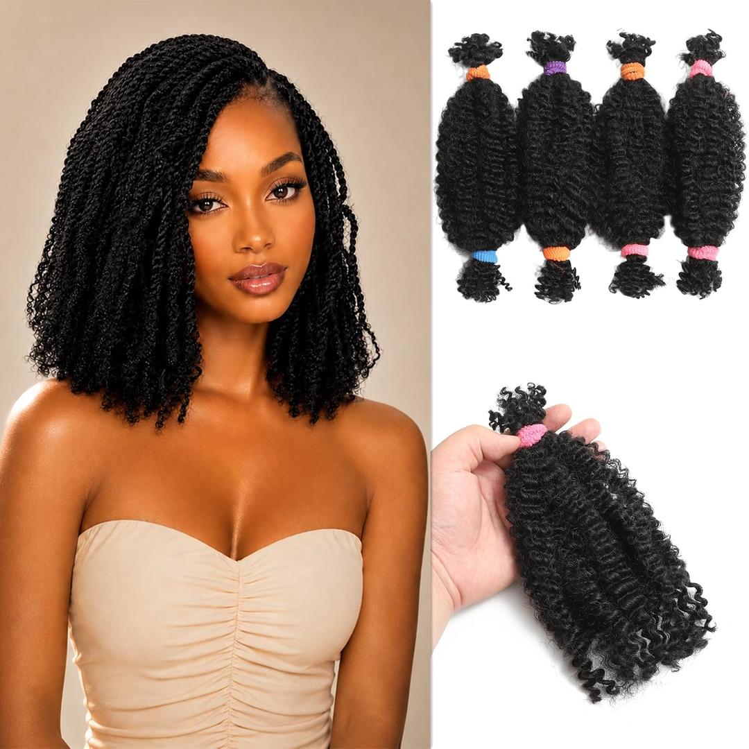 Afro Kinkys Bulk Human Hair 12 Inch 4 Bundles 60g Afro Kinky-curly Human Braiding Hair Bulk for Spring Twist Hair Extensions Dreadlock Repair Locs Curly for Braids (1B, 12 inch)