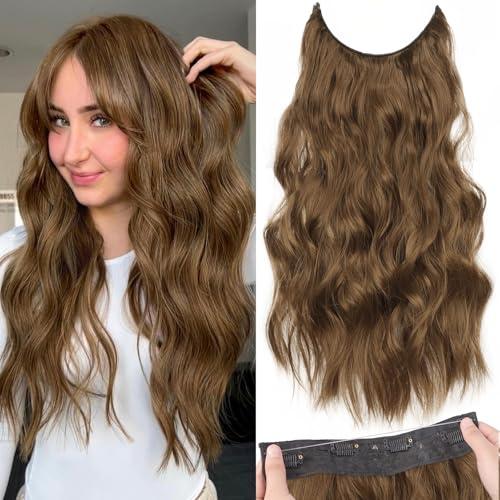 KooKaStyle Invisible Wire Hair Extensions with Transparent Wire Headband Adjustable Size 4 Secure Clips Long Wavy Hairpiece 20 Inch for Women