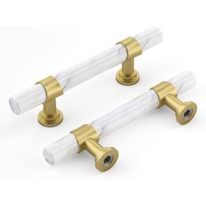 Haliwu 10 Pack White Marble Cabinet Pulls, 2 Tone Cabinet Handles Marble Grain and Gold Pulls, 3 inch Kitchen Hardware Drawer Handles (Hole Center Spacing76mm (3 inch))