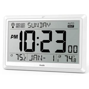 Wall Clock Atomic with Indoor Outdoor Temperature Battery Powered, Easy Reading with 10.5 Inch Large LCD Display, 330FT Range Table Wall Clock with DST, 12/ 24 Hour for Living Room Kitchen (White)