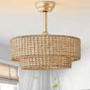 20" Boho Fandelier Ceiling Fans with Lights, Rattan Caged Ceiling Fan with Lights and Remote Control, Farmhouse Bladeless with 6 Speeds for Bedroom Kitchen, Gold Fandelier