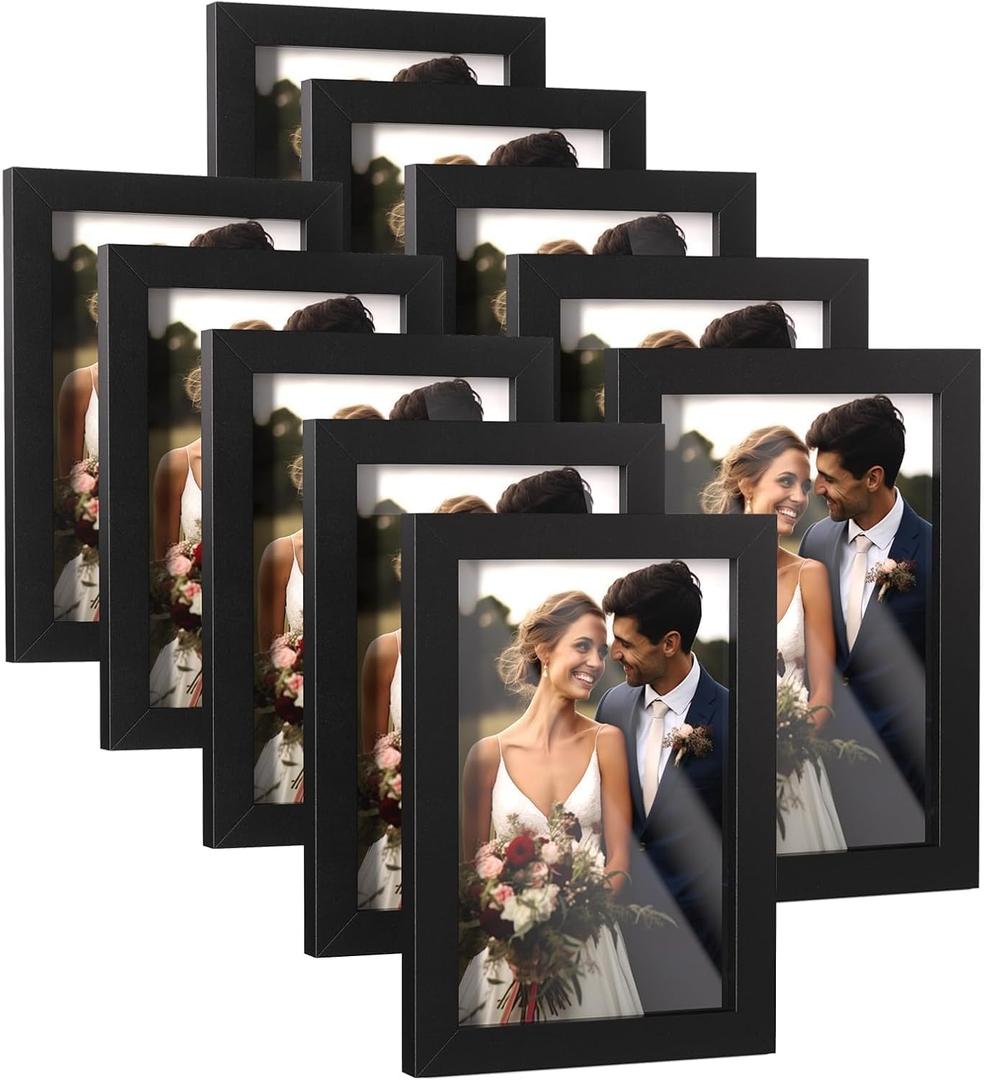 10 x HappyHapi 4x6 Picture Frames Set of 10, Tabletop or Wall Display Pictures 3.5x5 with Mat or 4x6 Without, Multi Photo Frames Collage (Black)
