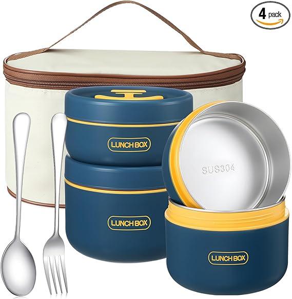 Dandat 4 Pcs Insulated Bento Box Portable Stainless Steel Food Container Round Stackable Leakproof Thermal Food Container for Adult Men Women with Insulated Bag, 74 oz(Royal Blue)