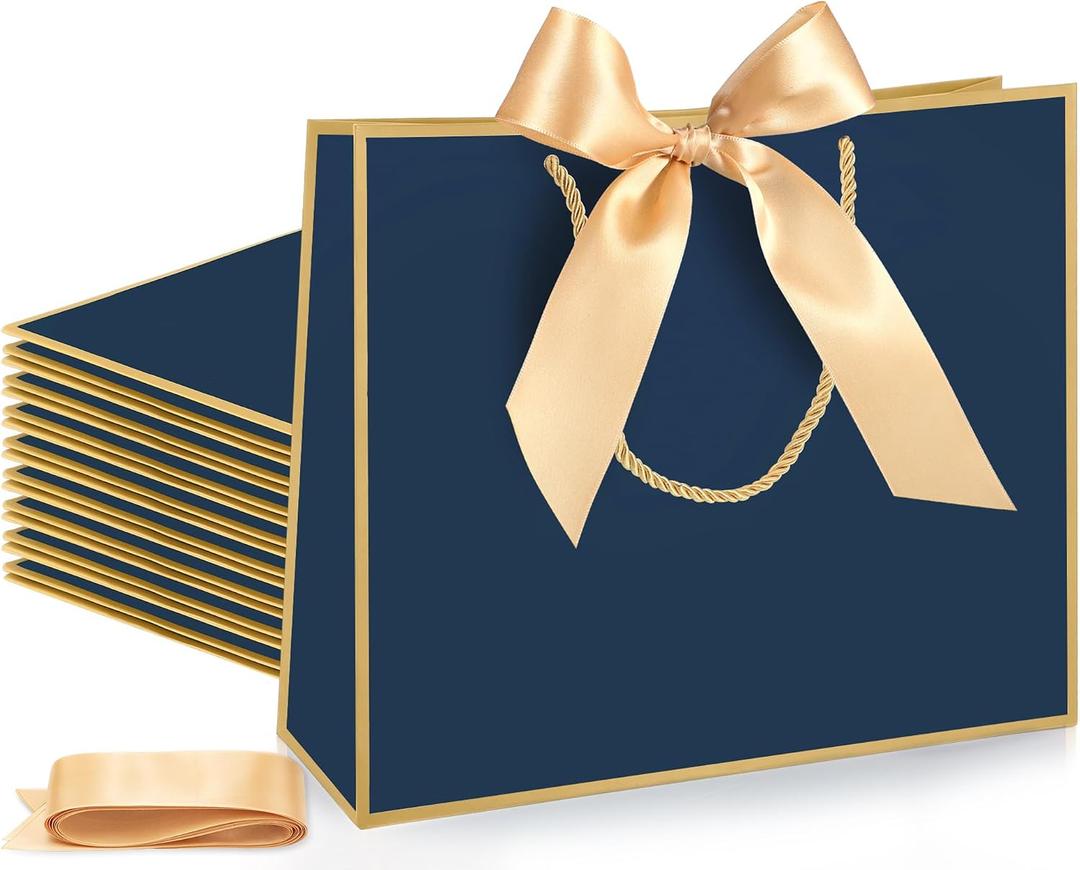 Silkfly 12 Pcs Thank You Gift Bags with Handle 12x10x4'' Welcome Elegant Gifts Bag with Bow Ribbon for Mother's Day Wedding Graduation Bridesmaid Baby Shower Birthday Housewarming (Navy Blue)