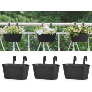 Mkono Metal Railing Planter Box 3 Pack Balcony Hanging Planter for Outdoor Plants with Detachable Hooks and Drain Holes Fence Planters for Any Balcony, Porch or Deck (3, Small)