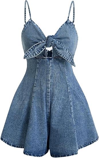OYOANGLE Women's Vintage Bowknot Spaghetti Strap Denim Romper Sleeveless Wide Leg Jean Short Jumpsuits XL OYOANGLE Women's Vintage Bowknot Spaghetti Strap Denim Romper Sleeveless Wide Leg Jean Short Jumpsuits XL