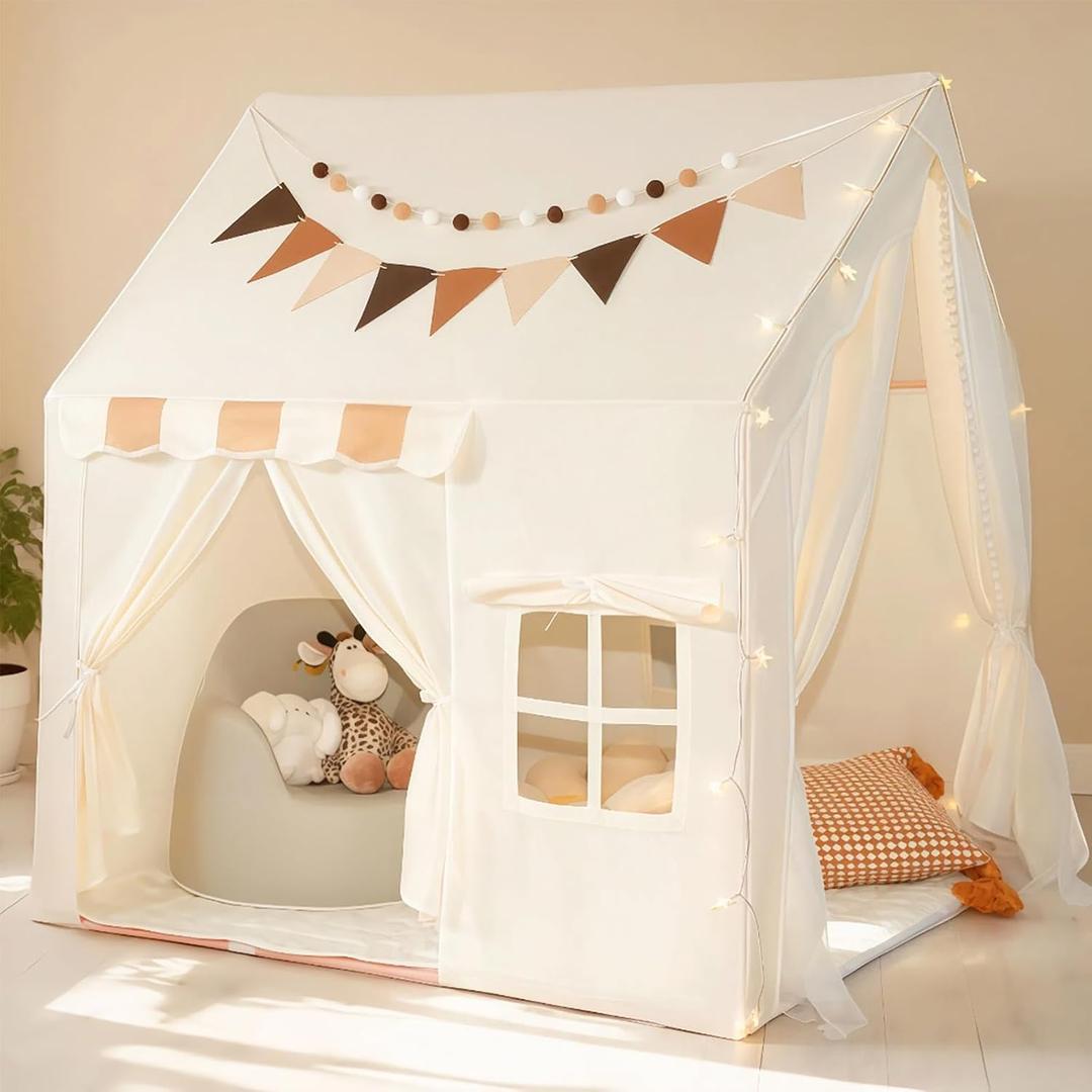 Kids Tent Indoor with Star Lights, Flags, Pompoms & Gift Box, 2-in-1 Toddler Tent Indoor with Metal Frame, Play House for Kids Indoor, 40"x47"x50", Toy Gifts for Toddlers