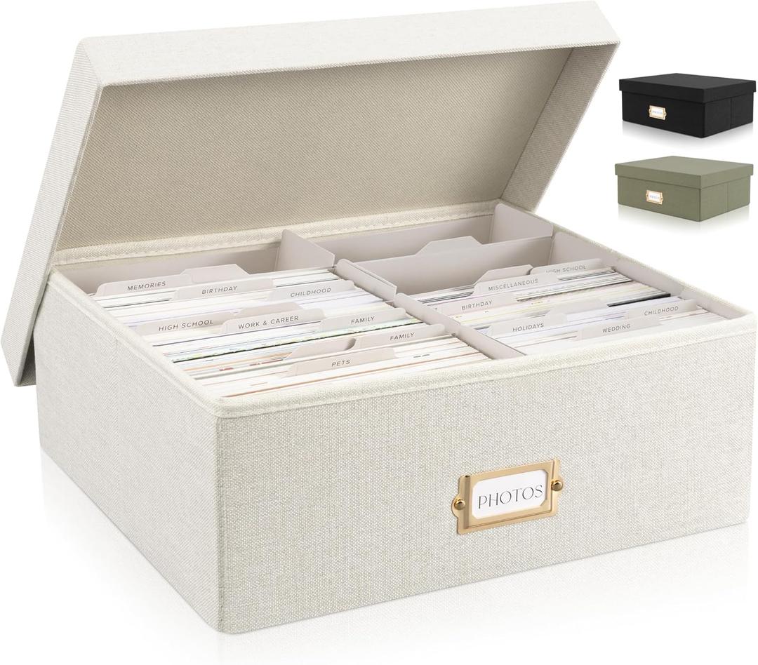 ZICOTO Decorative Photo Storage Box - Sturdy Linen Photo Organizer with Dividers is Perfect to Store Up to 1700 Pictures and 4x6 Photos - Portable Scrapbook Storage Containers with Lid (Beige)