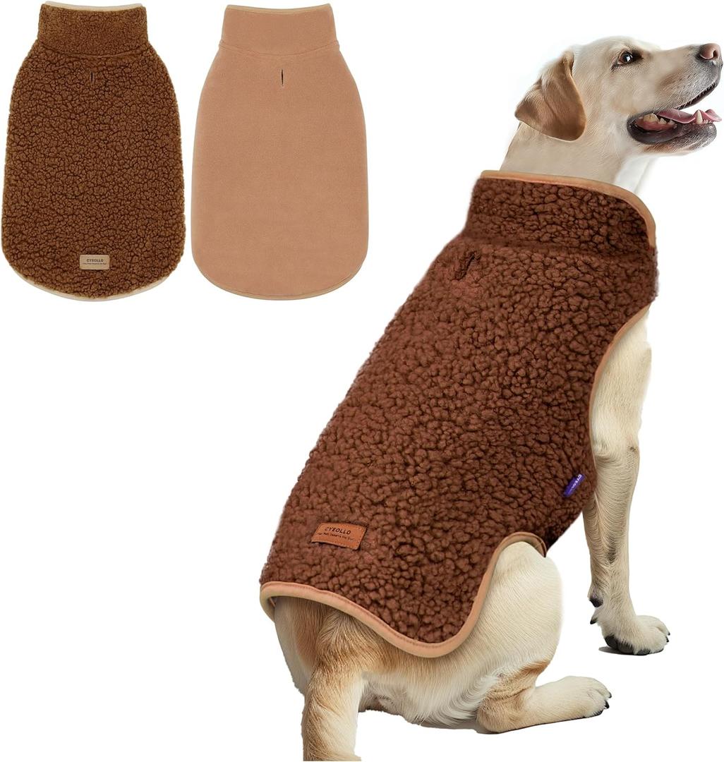 cyeollo Fleece Dog Coat Turtleneck Furry Reversible Sweater Thick Dog Clothes for Cold Weather Warm Winter Coats for Medium Dogs Brown XXL (XX-Large (38-65lbs))