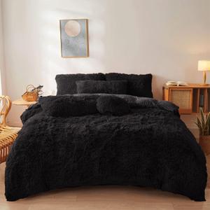 Black Fur Comforter Cover Set Queen - Ultra Soft Fluffy Plush Bedding Sets 3 Pieces (1 Faux Fur Duvet Cover + 2 Faux Fur Pillow case) Fluffy Bed Sets (Black, Queen)