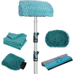 TelesPro 12FT Car Wash Brush with Long Handle, Car Cleaning Kit with Soft Wash Brush, Tire Brush, Window Squeegee, Microfiber Cleaning Head, Mitt, for House Siding, Auto Cars, Trucks, SUV, RV, Floors