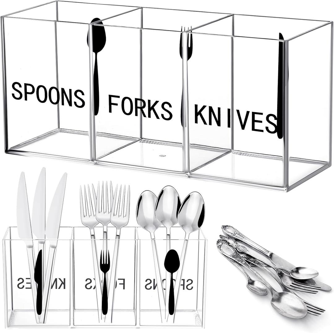 Suzile Acrylic Cutlery Storage Organizer Plastic Utensil Holder Clear Silverware Organizer 3 Section Tableware Storage Box Countertop Fork Spoon Knife Holder Party Flatware Caddy for Kitchen Storage