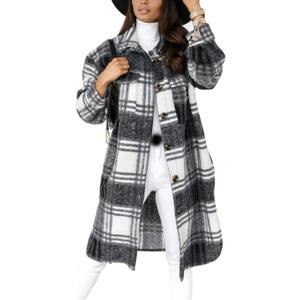 PUWEI Women's Long Flannel Plaid Jacket Shacket Cozy Lapel Button Down Shirt Jacket Fuzzy Trench Coat Small