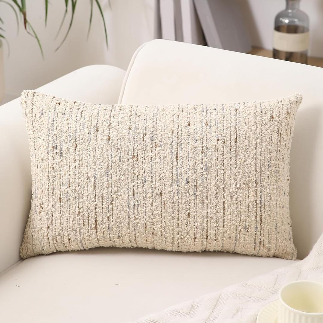 Textured Boucle Lumbar Pillow Covers 12x20 Neutral Striped Throw Pillows Soft Modern Farmhouse Pillow Cases, 1pc Decorative Accent Rectangle Couch Cushion Cover for Bed Sofa, Cream Brulee