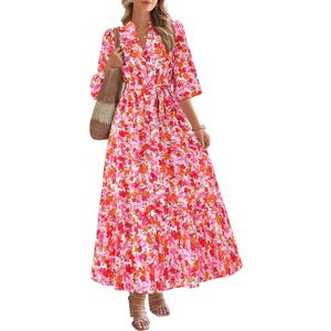 MASCOMODA Womens Floral Maxi Dresses Boho Summer Casual V Neck 3/4 Puff Sleeve Button Down Tie Waist Long Flowy Shirt Dress (Pink, M)