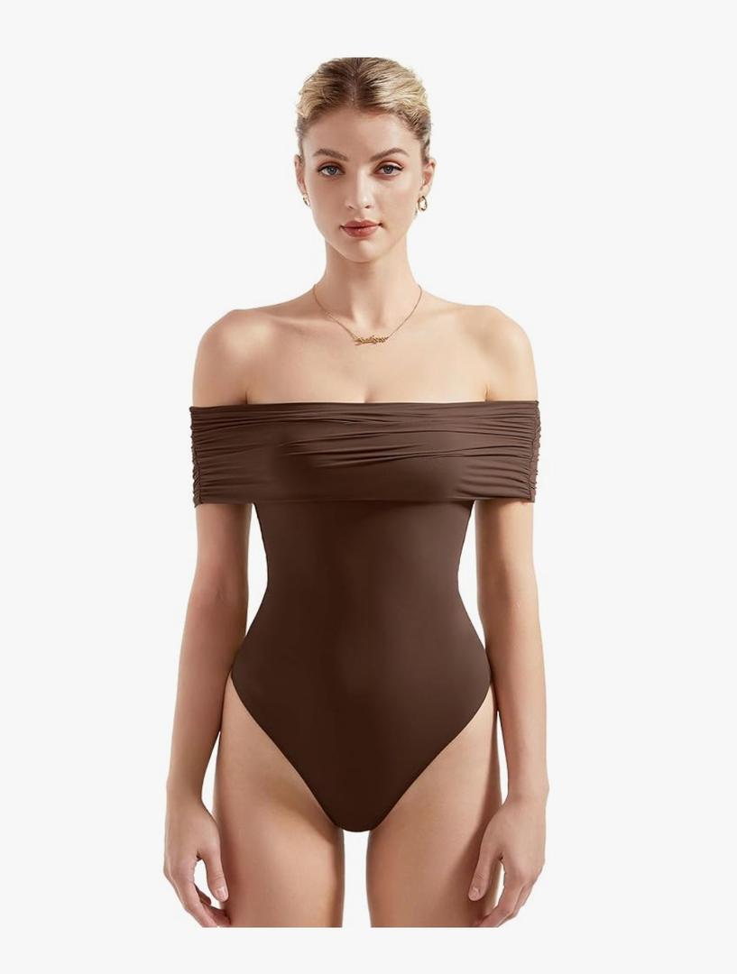 SUUKSESS Women Off the Shoulder Bodysuit Short Sleeve Strapless Thong Body suit XS