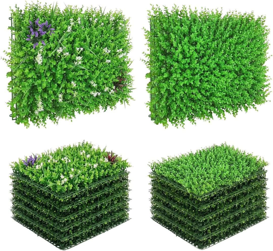 Artificial Grass Wall Panels 12pcs Lucky Clover Flower Boxwood UV Protected Faux Greenery Hedge, Privacy Fence Screen, Grass Backdrop for Outdoor Indoor Garden Party Wall Decor 16'' x 24''
