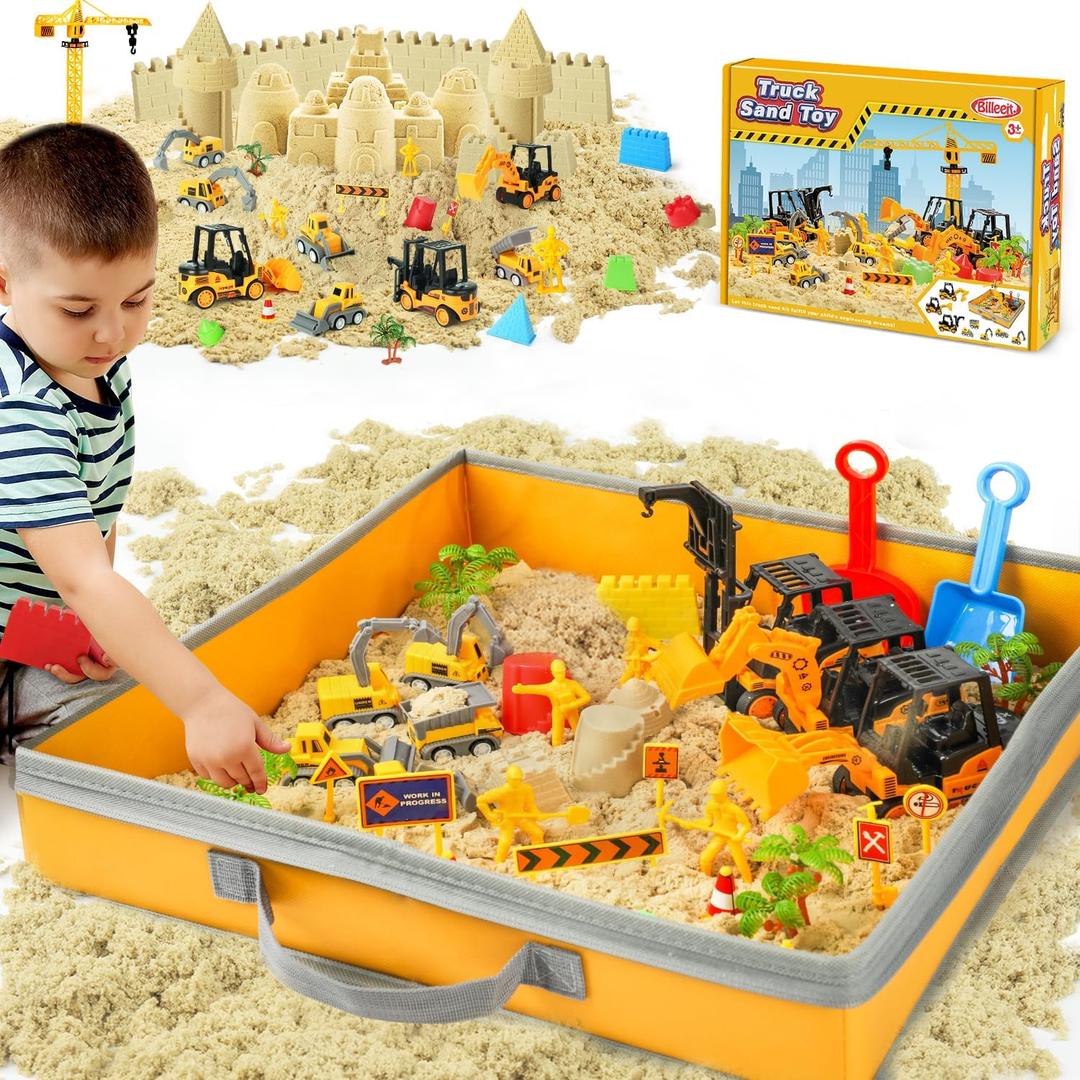 Sand Construction Kit with Big Foldable Sandbox and 2.2lbs Magic Sand, Truck Toys Including Castle Molds and Other Accessories - 36Pc Set for Kids 3+