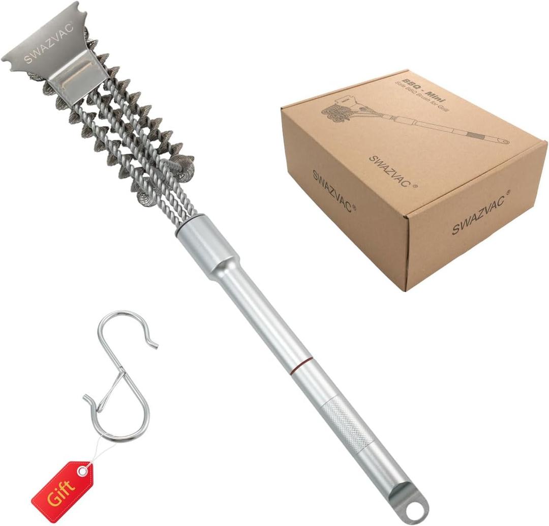 Small Grill Brush Bristle Free for Outdoor Grill, BBQ Grill Brush with Removable Aluminum Handle, Stainless Steel Grill Cleaner with Scraper, Suitable for Ceramic Grills, Removable Aluminum Handle