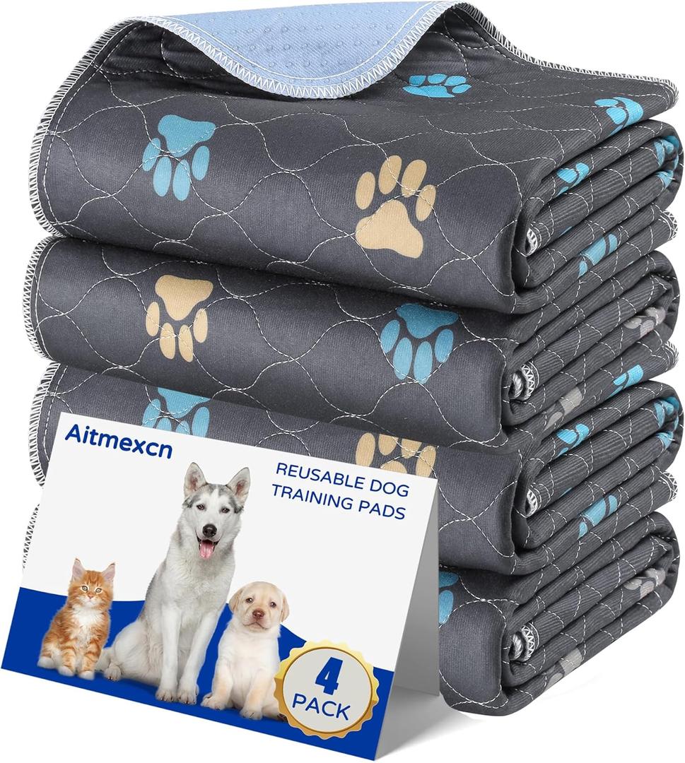 Aitmexcn Washable Puppy Dog Pee Pad, 4PCS 100% Waterproof Whelping Training Mat for Puppy/Senior Dog, Fast Drying Reusable Puppy Pads for Indoor, Outdoor and Car Travel- 18'' x 24'' (Colour Paws)