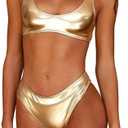 YAUASOPA Sexy Liquid Metallic Glitter Two Piece Push Up Swimsuit Female Shiny Solid High Cut Beachwear (Small, Gold 1)