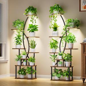 Plant Stand Indoor with Grow Lights - 8 Tiered Tall Plant Shelf, 65" Metal Corner Shelf for Indoor Plants Multiple, Large Curved Half-Moon Flower Holder Stand Display Rack for Patio, Home, 2 Pack