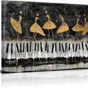 Conipit Music Theme Canvas Art Abstract Music Dancing Girl Picture Prints Black White Gold Piano Keys Artwork for Studio Instrument Shop Decor 24''x36'' Framed
