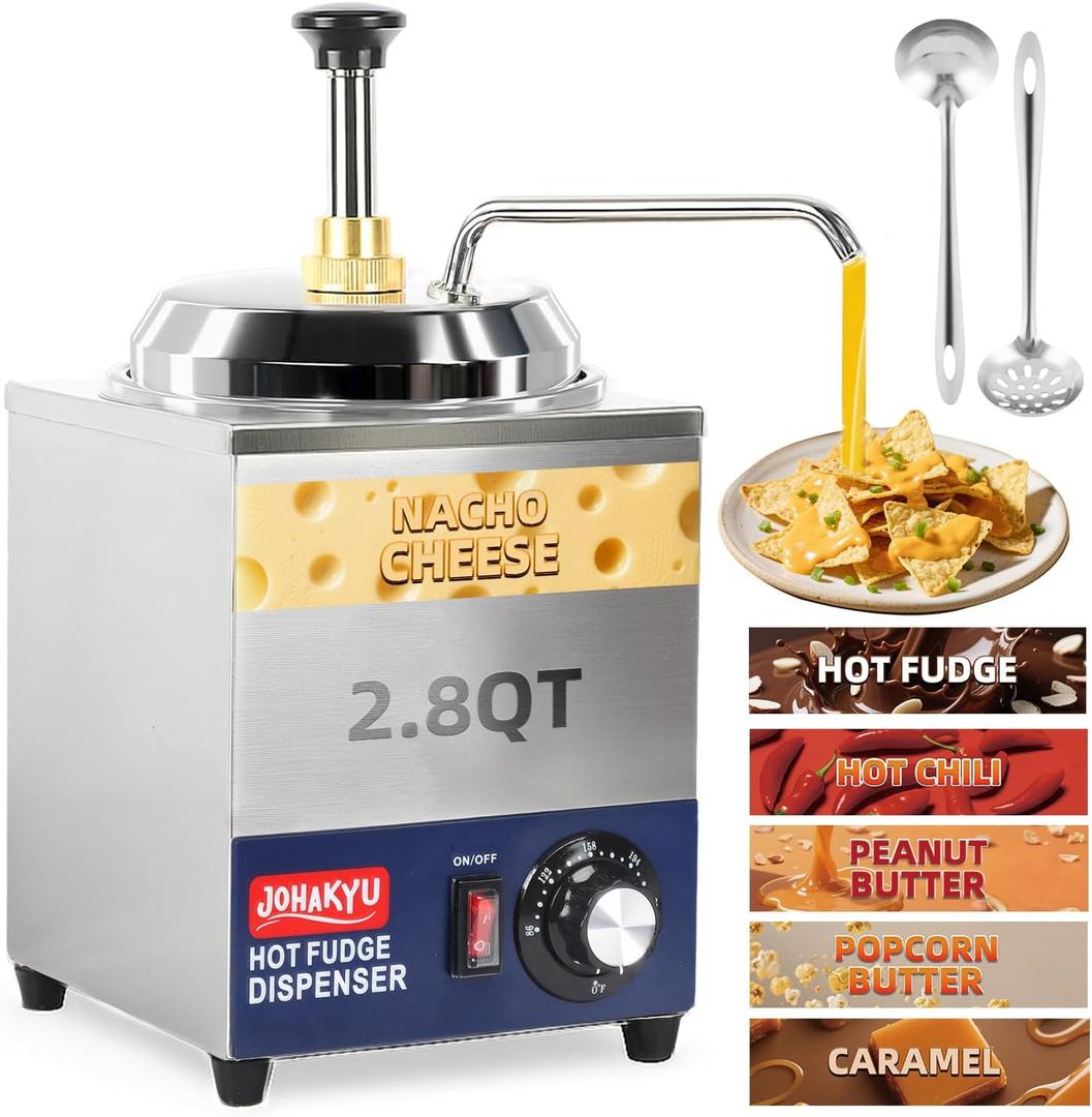JOHAKYU 2.8Qt Commercial Nacho Cheese Dispenser with Pump Warmer - Stainless Steel, 86-230F Temp Control - for Hot Fudge Caramel