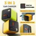 3 in 1 GaN Charger,80w Fast Charger Adapter with Type-C Cable & 2 USB Ports,Multi-Functional Retractable All in one Charger for Phone,Tablets,laptops (Yellow)