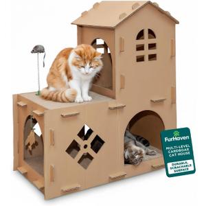 Furhaven Cardboard Cat House Farmhouse Playground, Multi-Level Cat Hideout Scratcher with Detachable Hanging and Spring Toys