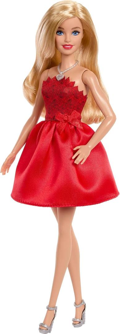Barbie Mattel 80th Anniversary Ruby-Red Celebration Blonde Fashion Doll Wearing Red Dress with Silvery Shoes & Necklace, Collectible Toy