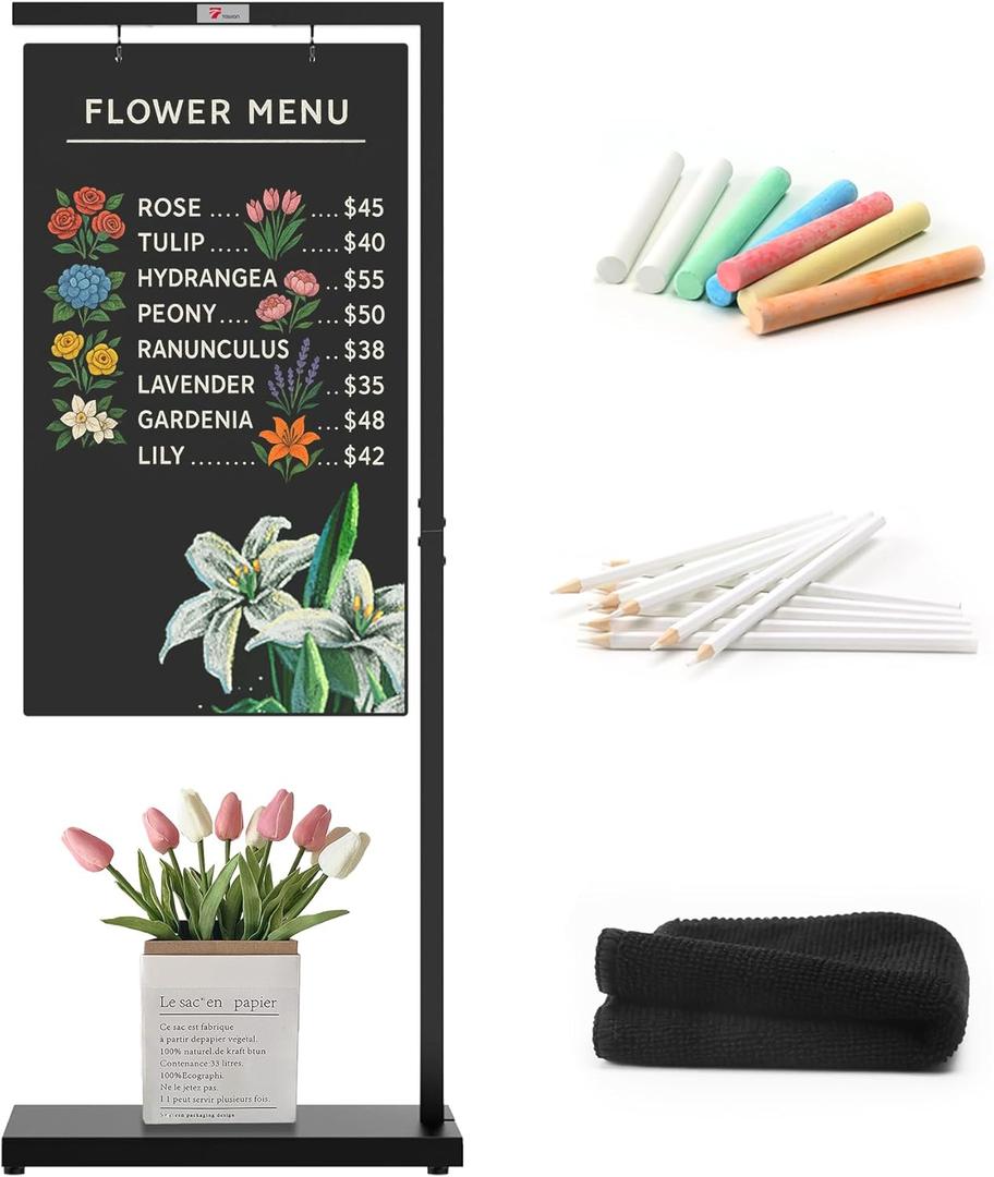 TOWON 20 x 47 Inch Large Chalkboard Sign, Hanging metal chalkboard signs with Metal Base, Pedestal Sandwich Board Sign for Caf, Bar, Bistro, Florist, Wedding, Portable and Double-Sided Sidewalk Signs