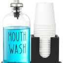 Glass Mouthwash Dispenser for Bathroom, 16 OZ Mouthwash Dispenser with Pour Spout and Wood Cup Holder and Tray, Mouth Wash Bottle Container, Black Kitchen Bathroom Decor and Accessories
