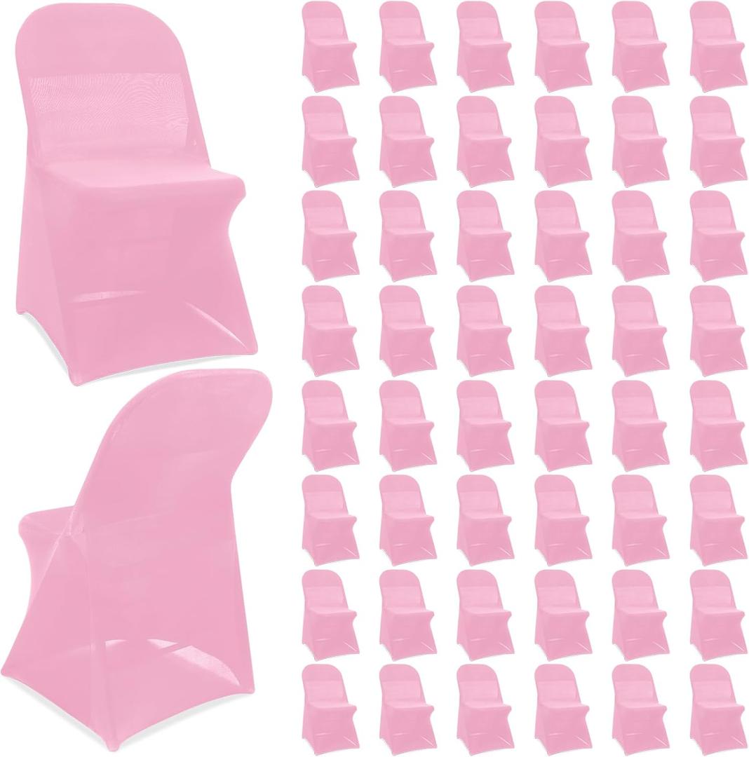 Newwiee Spandex Stretch Folding Chair Covers Bulk Fitted Universal Chair Protector Pack Removable Washable for Wedding Party Dining Banquet Event(Pink,50 Pcs)