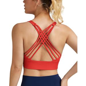 QUEENIEKE Strappy Longline Sports Bras for Women - Wirefree Criss Cross Workout Yoga Bra (XX-Large, Fluorescent Dark Red 77889b)
