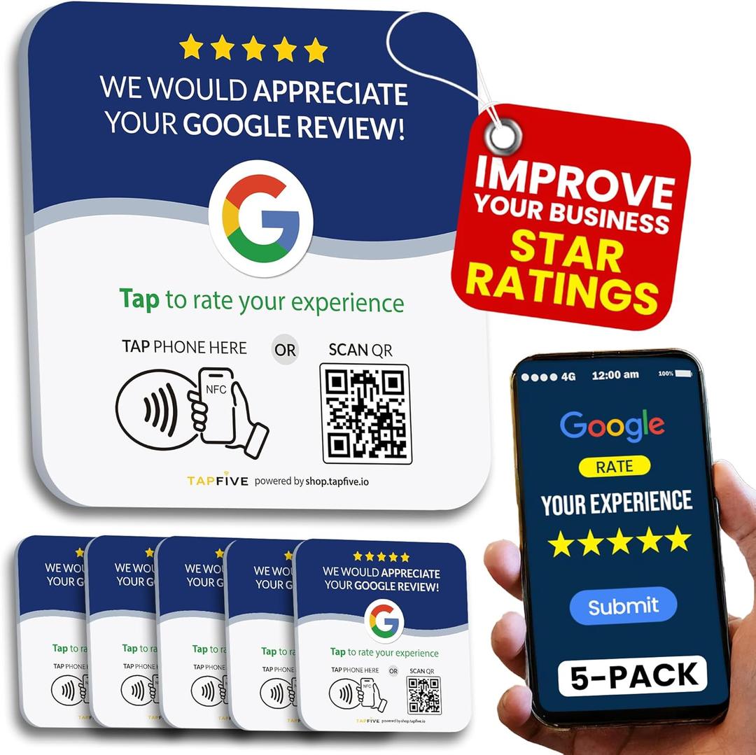 5 x Tap Google Review Plate (5-Pack) by TapFive - Tap for Instant Reviews - All Phones Compatible - Reusable Smart Tap NFC & QR - 4"x 4" - DigiFeel & Zappy Fast - Mount Anywhere 3M Adhesive (5 Plates)